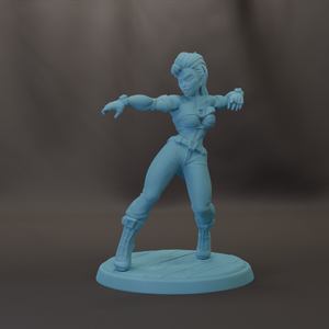 A light blue figurine of a female character with a dynamic pose, standing on a platform.
