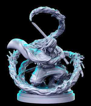 A 3D rendering of a character with long hair, holding a sword and surrounded by a swirling, ethereal mist or energy.