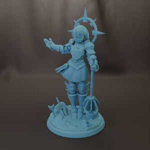 A 3D model of a female character in a medieval-style outfit, holding a sword and shield, standing on a base with various weapons and armor pieces.