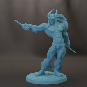 A blue, muscular figurine of a muscular male character with horns, holding a weapon and standing on a platform.