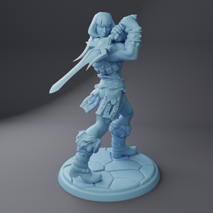 A 3D model of a warrior figure holding a sword and shield, standing on a stone base.