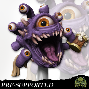 A purple monster with multiple eyes and sharp teeth is depicted in the image, holding a beer mug.