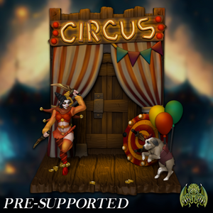 The image is a digital illustration of a circus scene, featuring a jester, a dog, and a target with balloons. The word "CIRCUS" is prominently displayed above the scene.