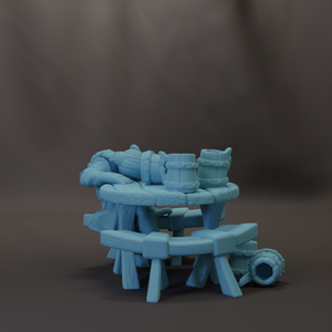 A 3D rendering of a blue, wooden bench and table set against a dark background.