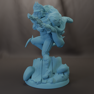 A blue 3D model of a female character with a sword, standing on a rock formation.
