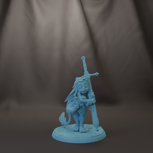 A figurine of a person holding a sword and shield, standing on a base.