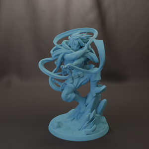 A 3D model of a stylized character with flowing hair and a dynamic pose, standing on a base with a rocky terrain.