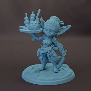 A 3D model of a whimsical, cartoonish elf-like creature holding a tray with various objects, including what appear to be spherical objects and a small fish.