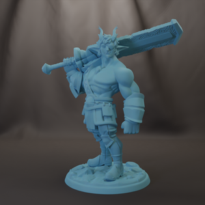 A 3D model of a muscular, horned warrior figure holding a large sword.