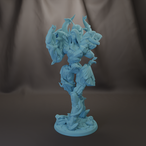 A 3D rendering of a blue, abstract sculpture with various shapes and forms, including a figure with a head and body, as well as other organic and geometric elements.