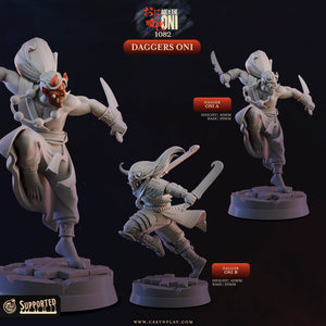 three figurines of a character with a large head and a distinctive appearance, each holding a weapon and standing on a platform.