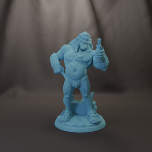 A blue figurine of a muscular, bearded man holding a bottle of beer.