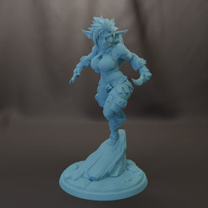 A 3D model of a female character with spiky hair, wearing a backpack and holding a weapon, standing on a rock.