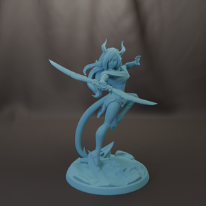 A figurine of a female character with horns, holding a sword and standing on a rocky base.