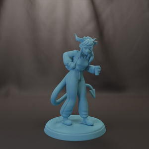 A blue figurine of a person with horns and a tail, standing on a base and holding a weapon.