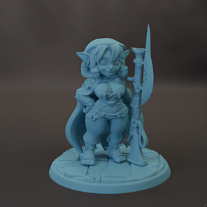 A 3D model of a female character with a sword, standing on a pedestal.