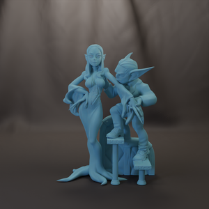 A 3D model of a female character and a male character, both depicted in a stylized, fantastical manner.