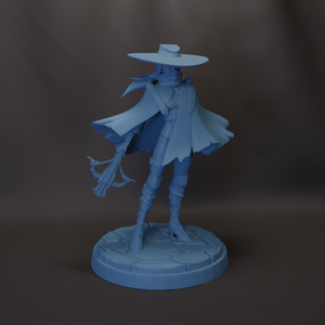 A 3D model of a female character wearing a hat and holding a weapon, standing on a stone base.