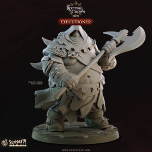 A 3D model of a character named "Executior" from the video game "The Rolling Crown" from the year 1711. The character is depicted in a dynamic pose, holding a large weapon and wearing a distinctive outfit.