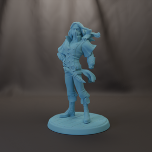A figurine of a person with long hair and a pirate-style outfit, standing on a platform.