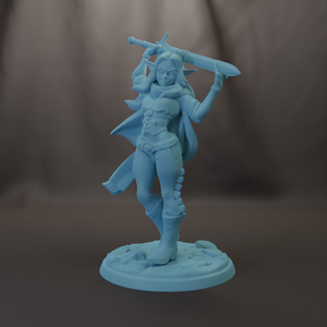 A figurine of a female character with long hair and a cape, holding a sword in her right hand and a shield in her left hand.