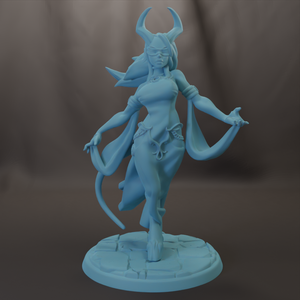A 3D model of a female character with horns, wearing a flowing dress and holding a staff, standing on a pedestal.