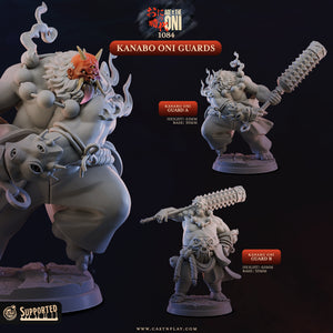 The image is a promotional advertisement for Kanaboo Oni figurines, featuring three different figurines of the character Kanaboo Oni. The figurines are posed in various dynamic poses, showcasing the character's strength and power. The image is a collage of three separate images, each depicting a different aspect of the Kanaboo Oni character. The text in the image provides information about the figurines, including their names and sizes.