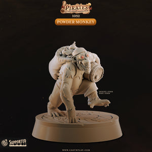 a figurine of a monkey-like creature with a barrel on its back, standing on a platform.