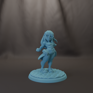 A light blue figurine of a female character with glasses and a flowing skirt, standing on a small platform.