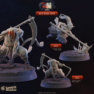 The image is a promotional advertisement for a video game called "Scythe Oni". It features three different views of the game character, each with unique poses and weapons. The character is depicted in various dynamic poses, showcasing the game's action-packed gameplay.