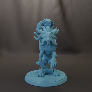 A light blue figurine of a fantastical creature with multiple arms and legs, standing on a base.