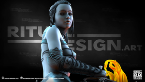 A 3D rendering of a female character with a serious expression, wearing a futuristic-looking outfit with a metallic appearance. The background is dark and has the word "RITUALSIGN.ART" prominently displayed.