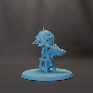 A light blue figurine of a person sitting on a stool and holding a musical instrument.