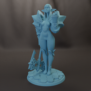 A 3D model of a female character with a unique, stylized design.