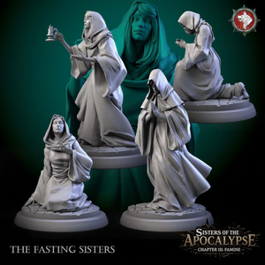 The image is a collage of four figurines depicting the "Fasting Sisters" from the video game "Sisters of the Apocalypse: Chapter III: Famine". The figurines are arranged in a row, each representing a different Sister, and are set against a dark green background.