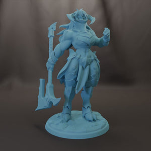 A 3D model of a warrior figure holding a weapon and standing on a base.