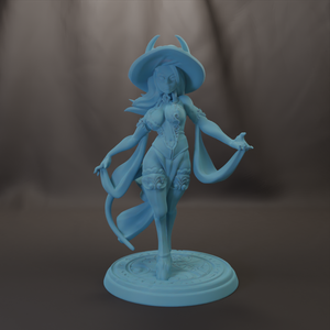 A figurine of a woman with a large hat and flowing robes, standing on a circular base.