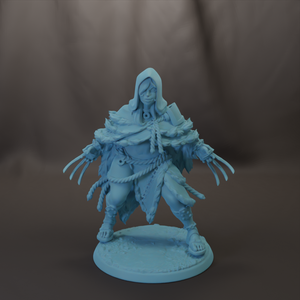 A figurine of a person with a hooded cloak and sharp claws, standing on a base.