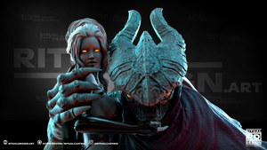 A dark, moody image featuring a female figure with glowing eyes and a large, menacing-looking creature with sharp teeth and claws. The creature appears to be a dragon or serpent-like creature, and the female figure is holding a weapon. The background is dark and has the text "RITUAL DESIGN" repeated multiple times, suggesting this is a promotional or artistic image related to the concept of ritual design.