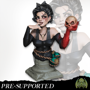 A bust of a woman with a skull in her hand, wearing a black outfit and holding a green object.