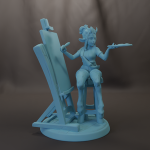 A figurine of a woman sitting on a stool and holding a paintbrush, with a blank canvas in front of her.