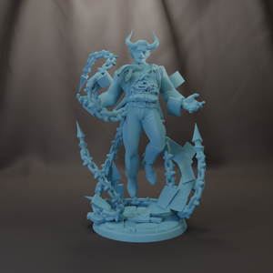 A 3D rendering of a character with horns, a chain around its neck, and a chain-link structure on its feet. The character appears to be a fantastical or mythical creature, possibly a dragon or a similar mythical being.