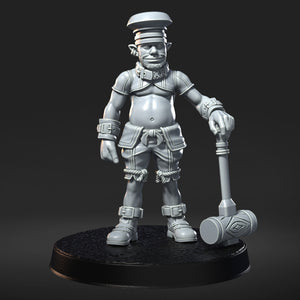 A 3D rendering of a character wearing a hat and holding a hammer, standing on a platform.