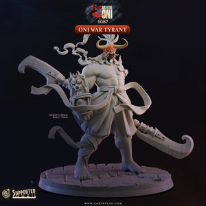 a detailed, 3D-rendered statue of a warrior character with horns and a mask, holding a large weapon.