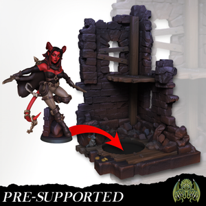 A 3D model of a female character with horns and a red outfit, standing next to a damaged brick structure.