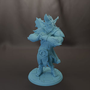 A 3D model of a blue-colored warrior figure with a beard and horns, standing on a platform and holding a weapon.