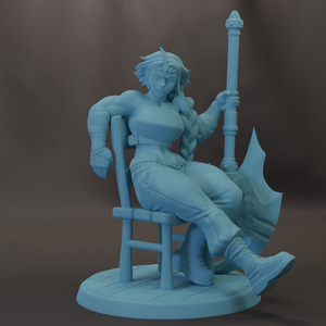 A 3D model of a female character sitting on a chair, holding a weapon in her right hand.