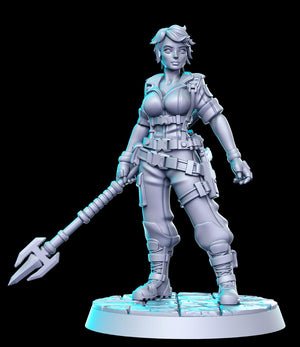 a 3d rendering of a woman with a giant axe