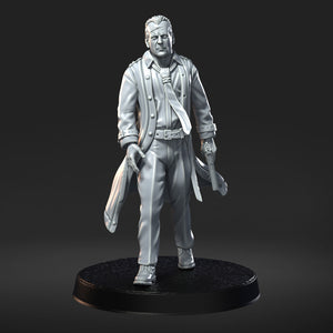 A 3D rendering of a man in a suit and tie, standing on a platform and holding a briefcase.