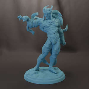 A figurine of a muscular, winged figure with horns and a flowing cape, standing on a base and appearing to be in motion.